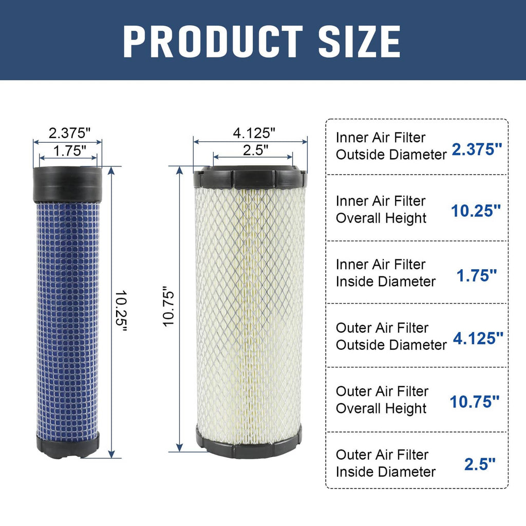 Air filter size diagram showing two cylindrical inner and outer filter dimensions