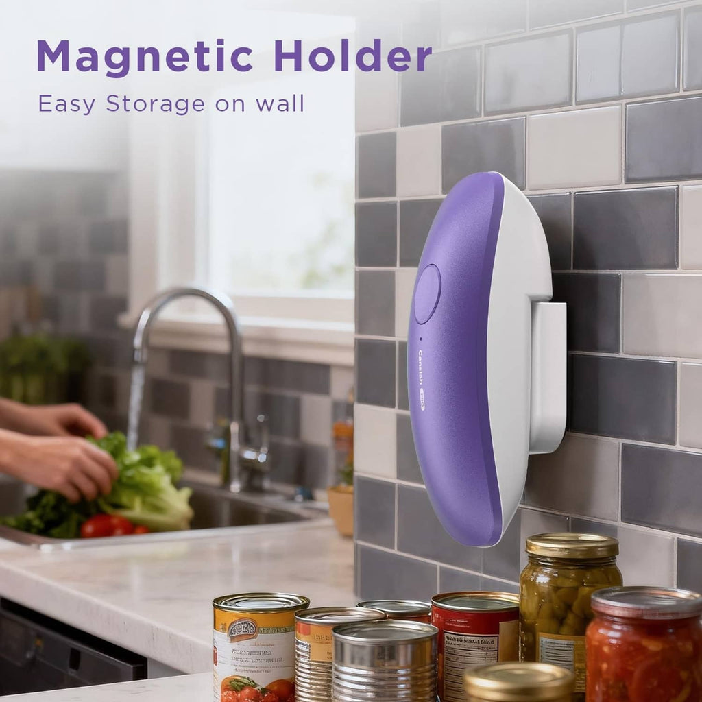 Lilac can opener docked on a magnetic holder