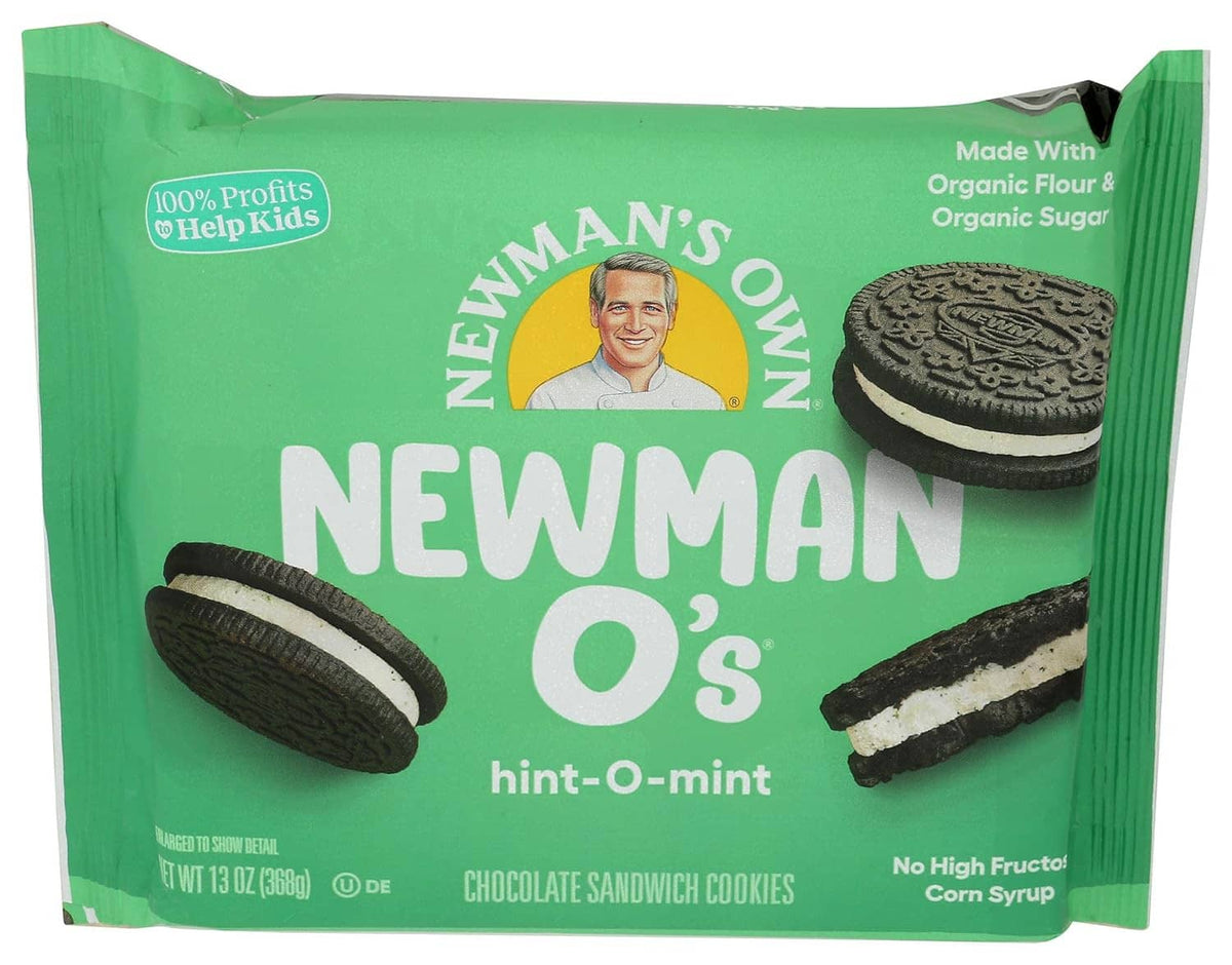 Newman O's hint-O-mint chocolate sandwich cookie package in green