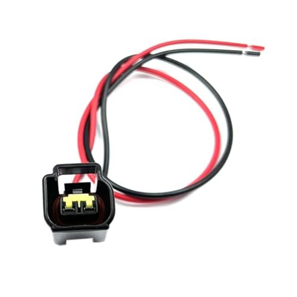 Engine sensor wiring harness connector with black plug, red and black wires, exposed terminals