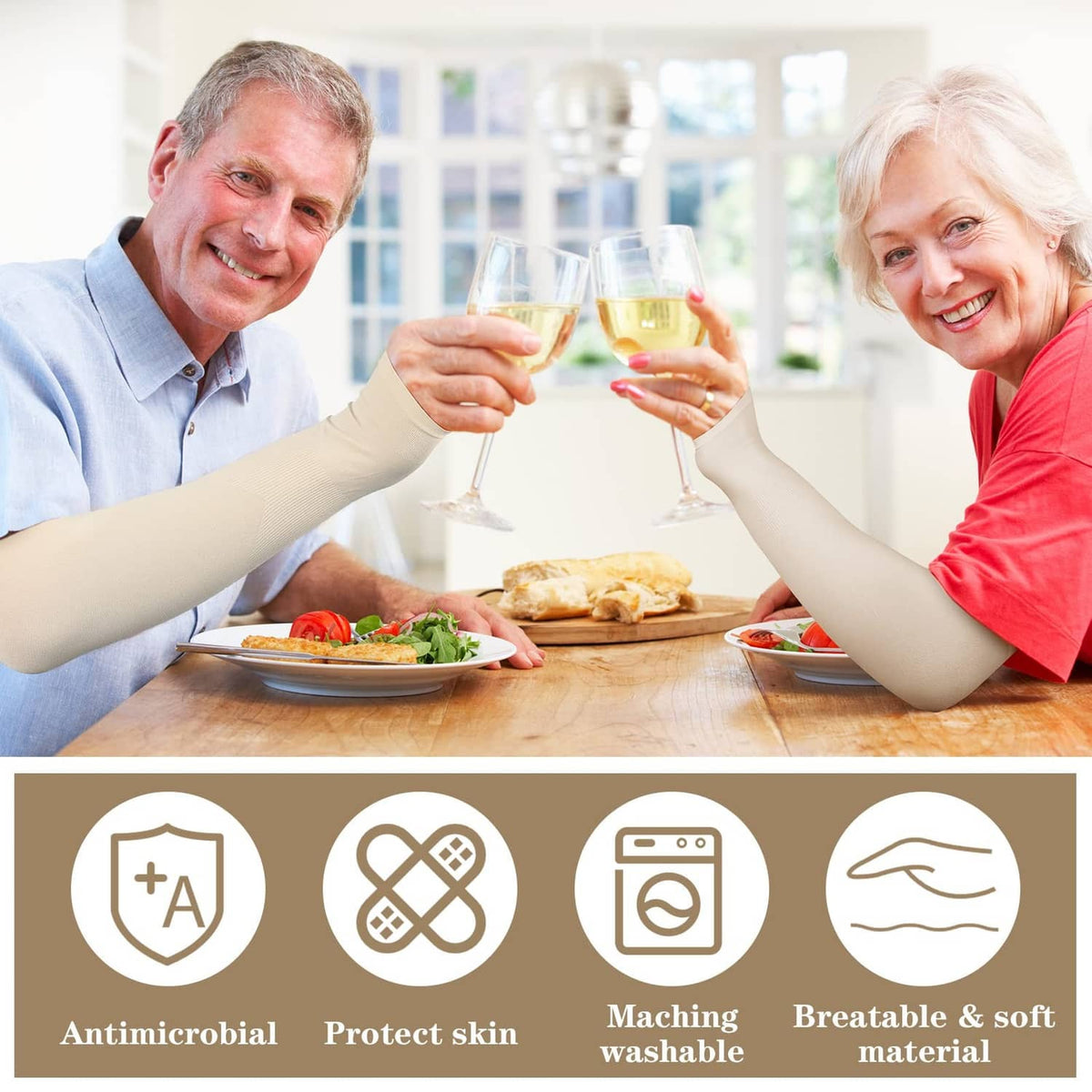 Beige protective arm sleeves on both arms during a meal at the table