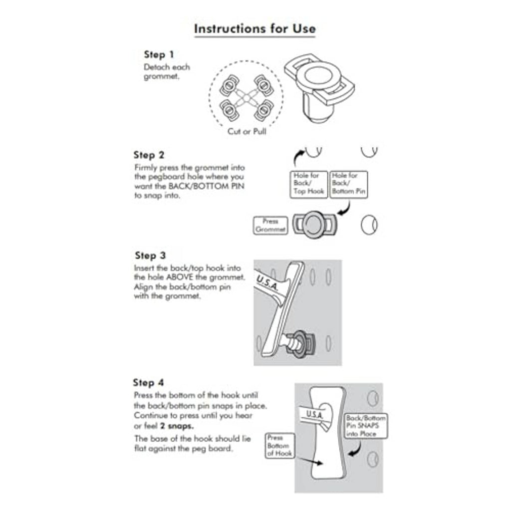 Snap-on pegboard J-hook installation instructions, step-by-step diagram
