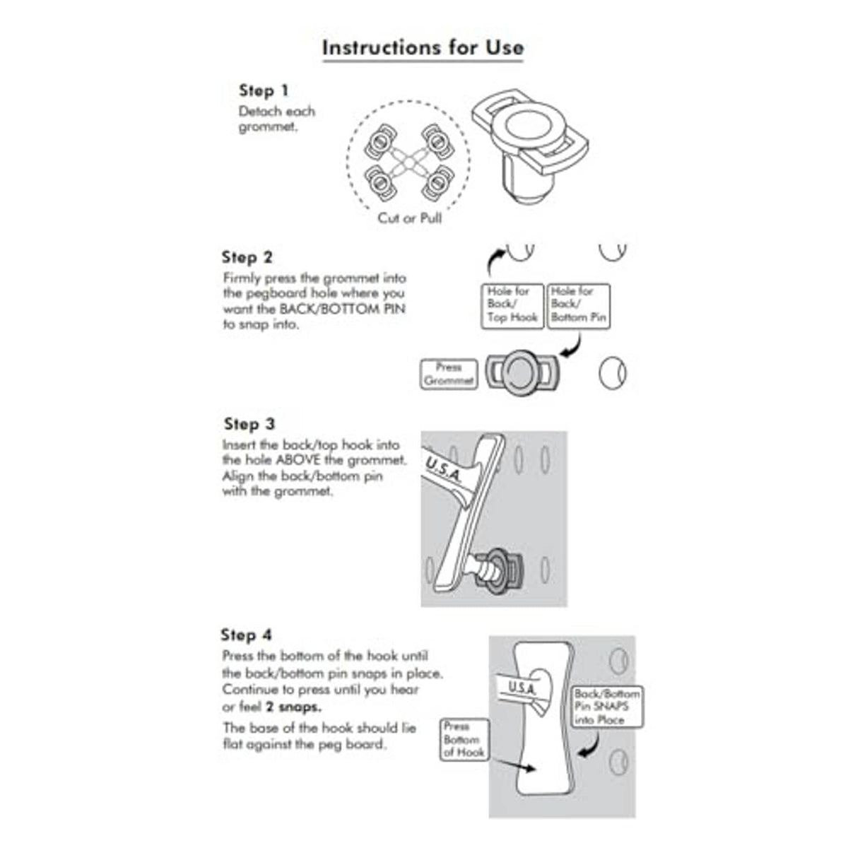 Snap-on pegboard J-hook installation instructions, step-by-step diagram
