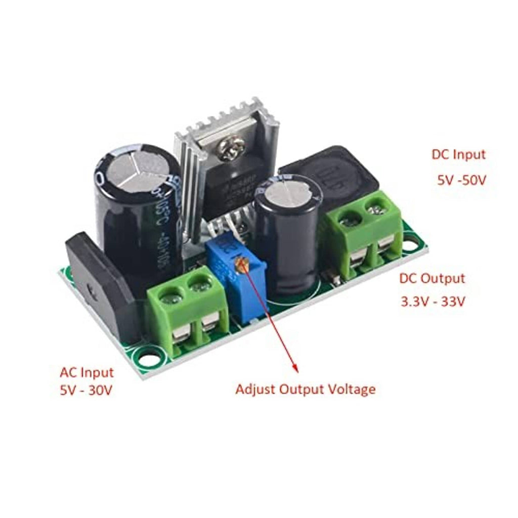 Step-down buck converter module showing DC input 5–50V and DC output 3.3–33V labels