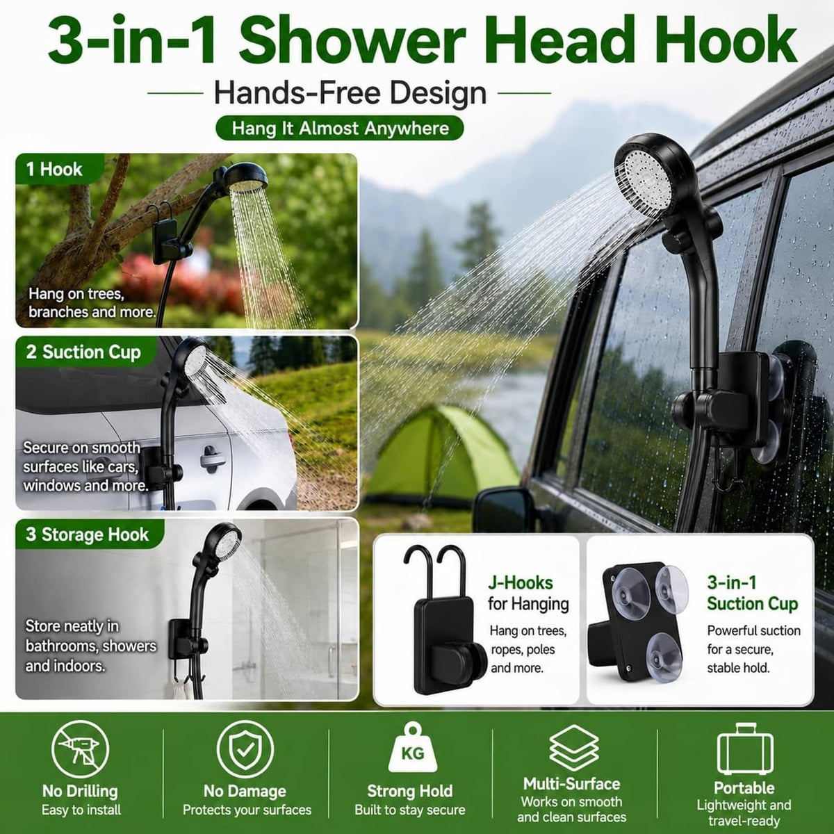 3-in-1 shower head with hands-free hook and multi-position suction cup mounts