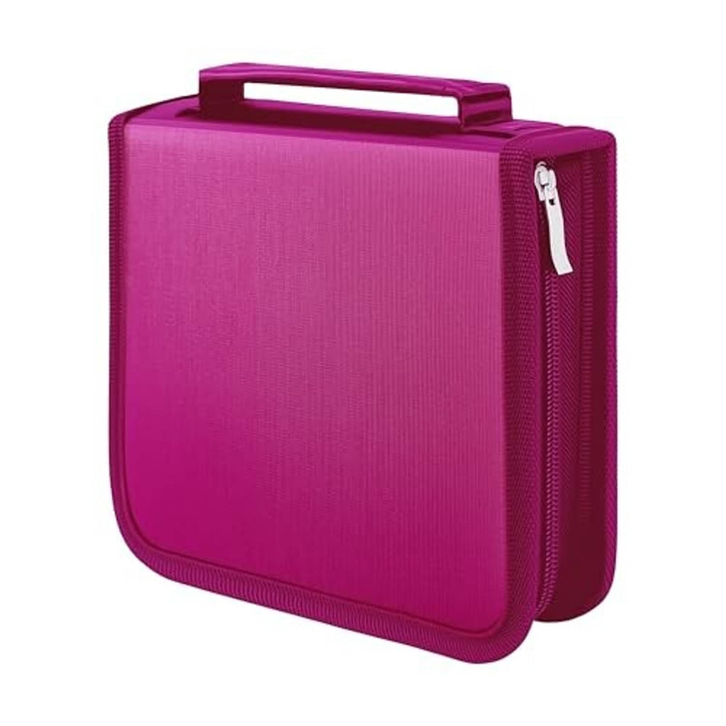 Magenta CD storage case with top handle and zipper closure, front view