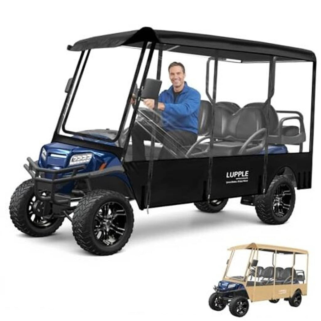 Black 6-passenger golf cart rain cover with clear side panels and zippered doors