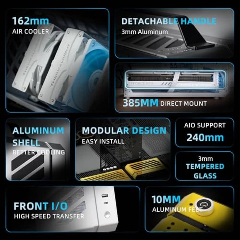 Black PC case feature panel with aluminum shell and modular design highlights