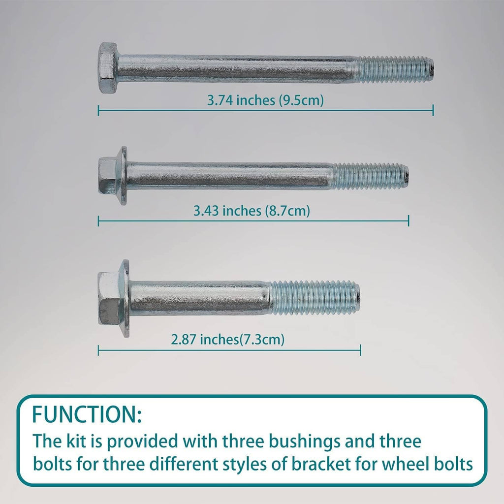Mower deck wheel bolt set with three bolt lengths and hex heads