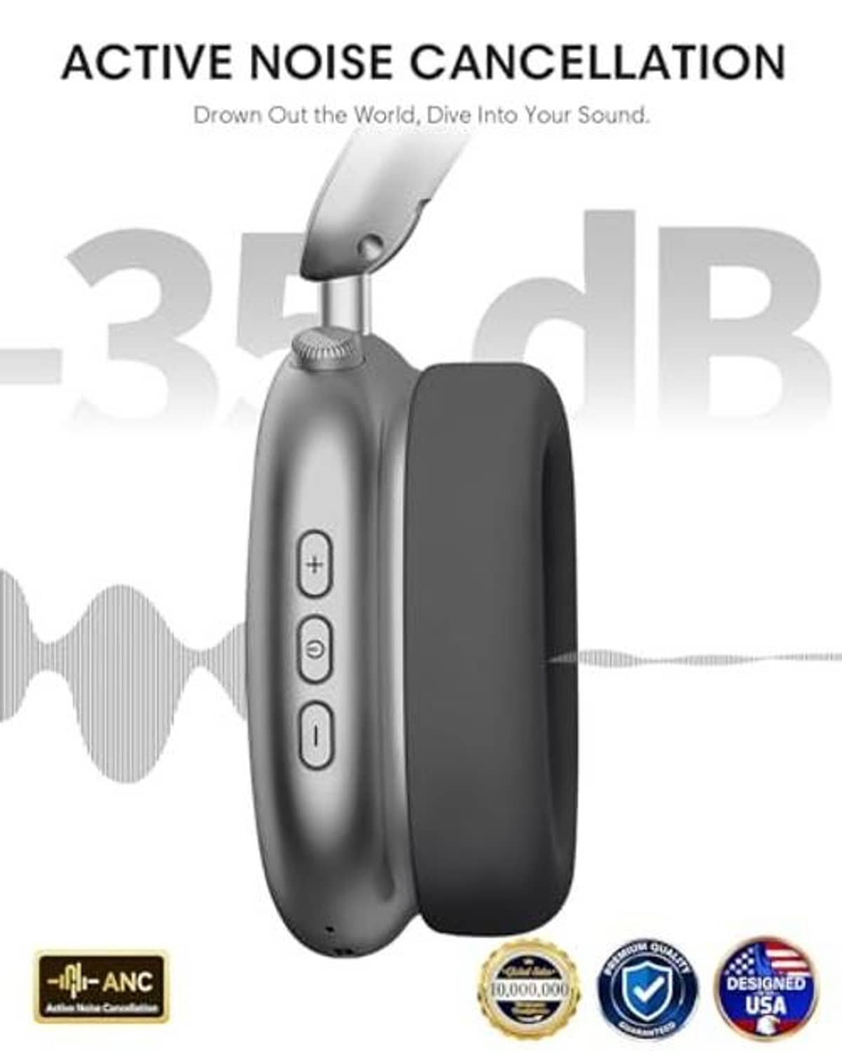 Over-ear wireless headphones with grey finish and dark control panel on the ear cup
