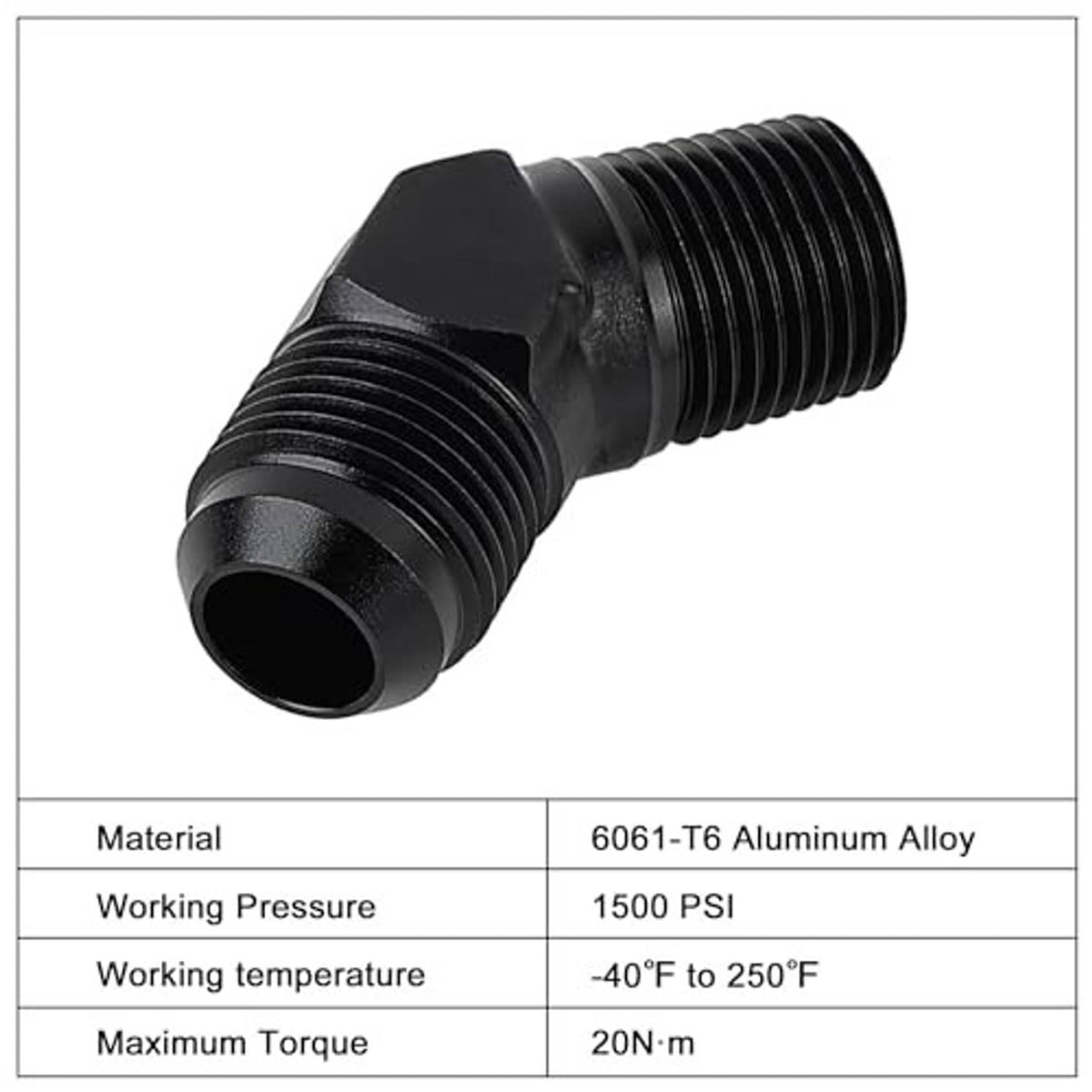 45-degree adapter fitting made of 6061-T6 aluminum, black, male flare and NPT threads
