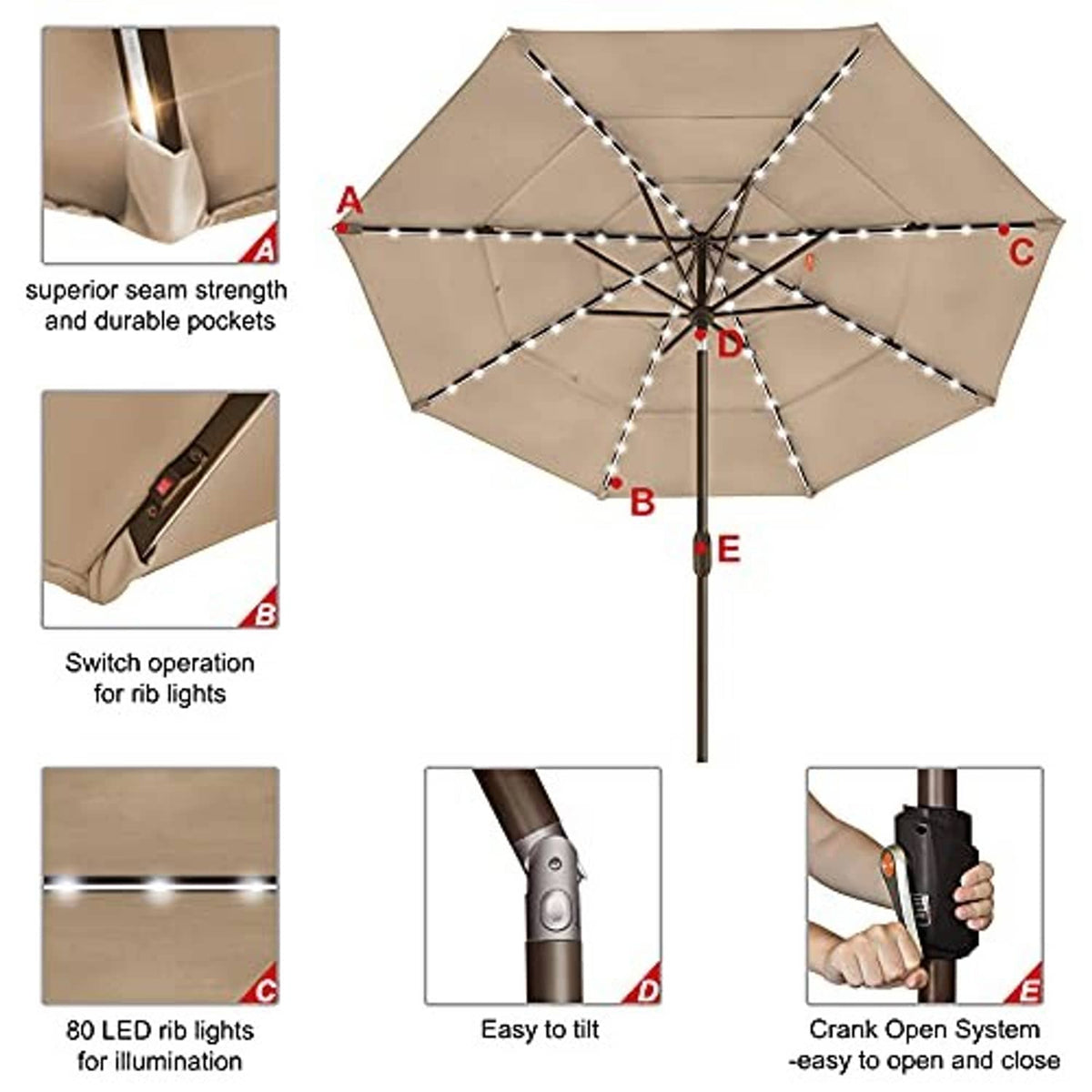 Heather beige market umbrella with LED lights; close-up feature panels and crank control.