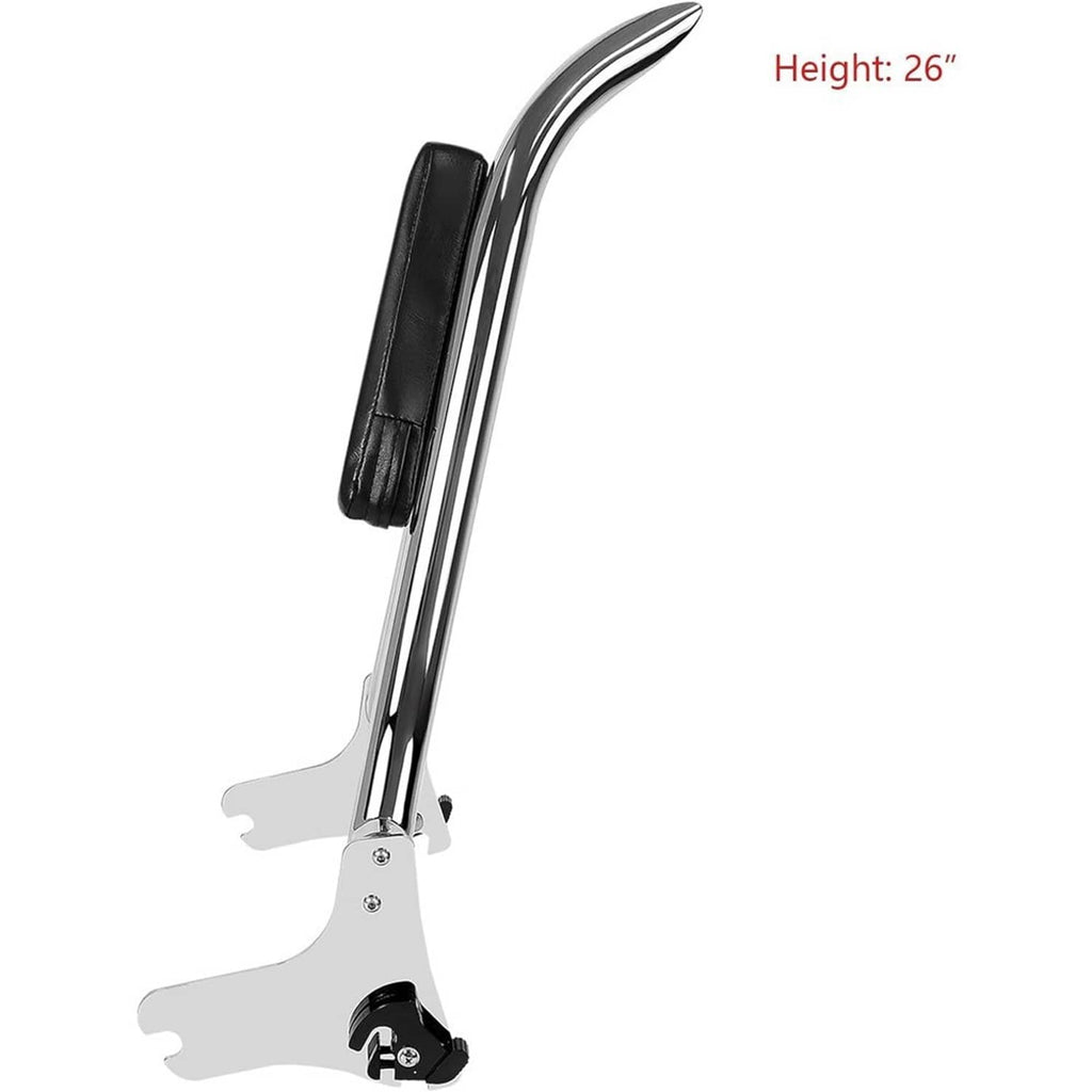 Black padded backrest with tall chrome frame and adjustable mounting bracket