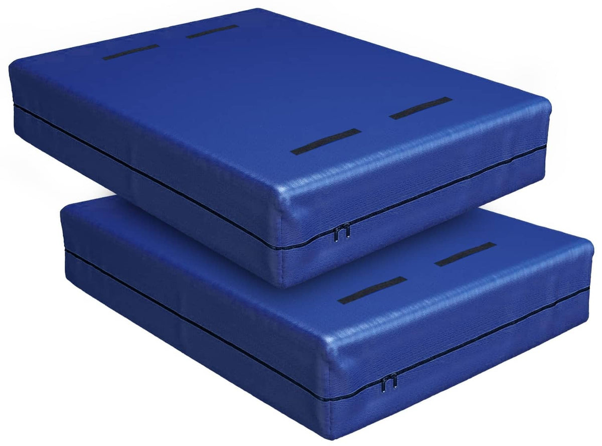 Two blue mattress moving bags stacked, with black handle straps