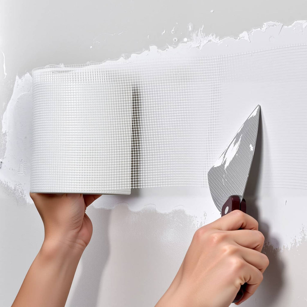 Self-stick fiberglass wall repair tape being applied to a wall with mesh