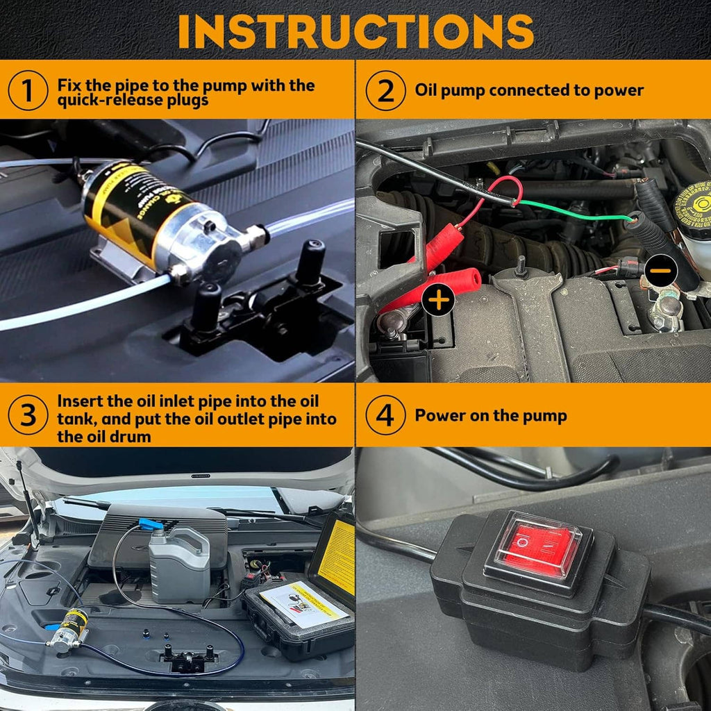 Oil extractor pump connected in a car engine bay with power switch and wiring