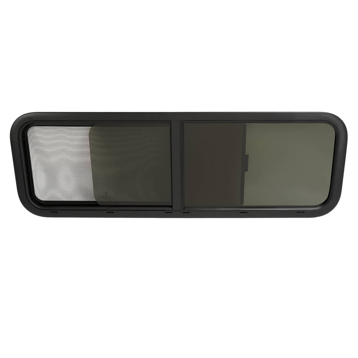Sliding RV horizontal window with dark trim and tinted glass, double-pane design.