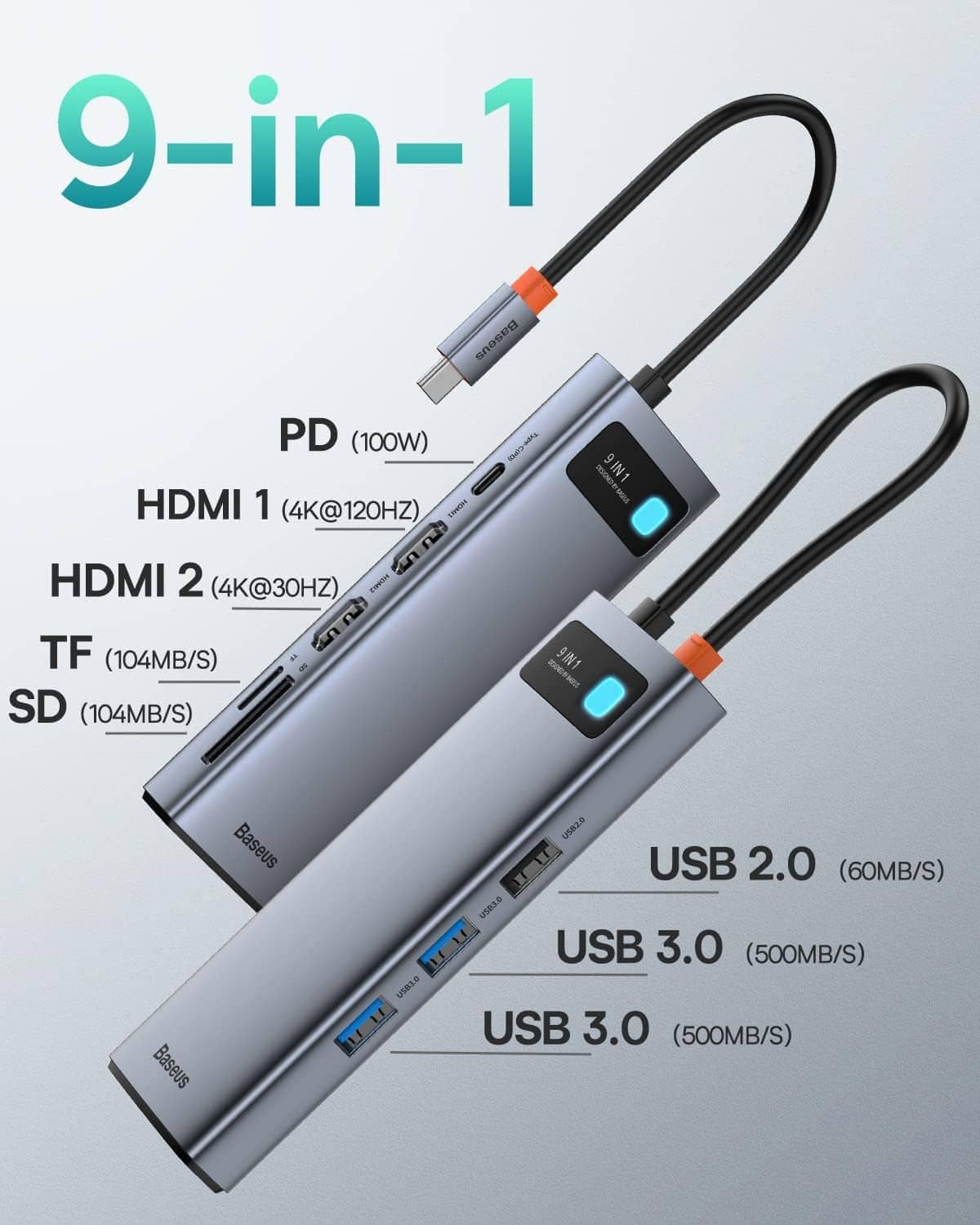 Grey 9-in-1 USB-C hub with dual HDMI and multiple USB slots, blue power light