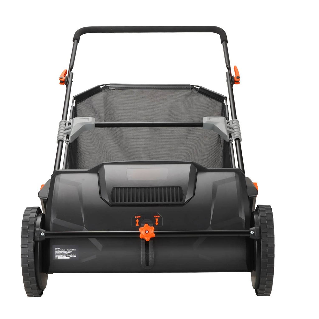 Front view lawn leaf sweeper with black body, front wheels, and hopper bag