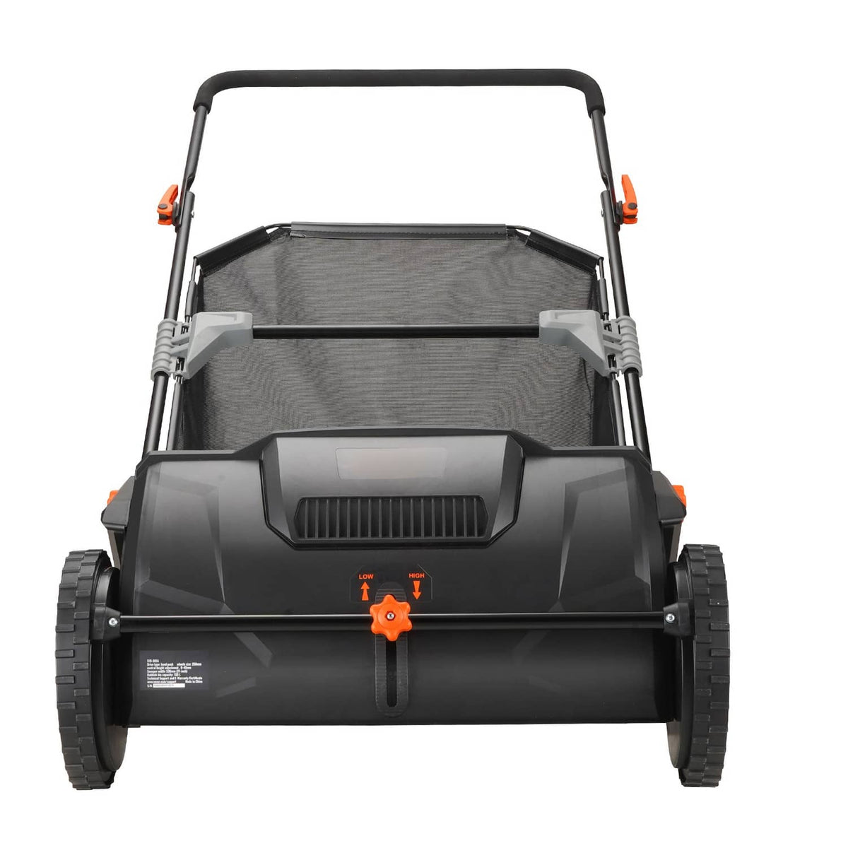 Front view lawn leaf sweeper with black body, front wheels, and hopper bag