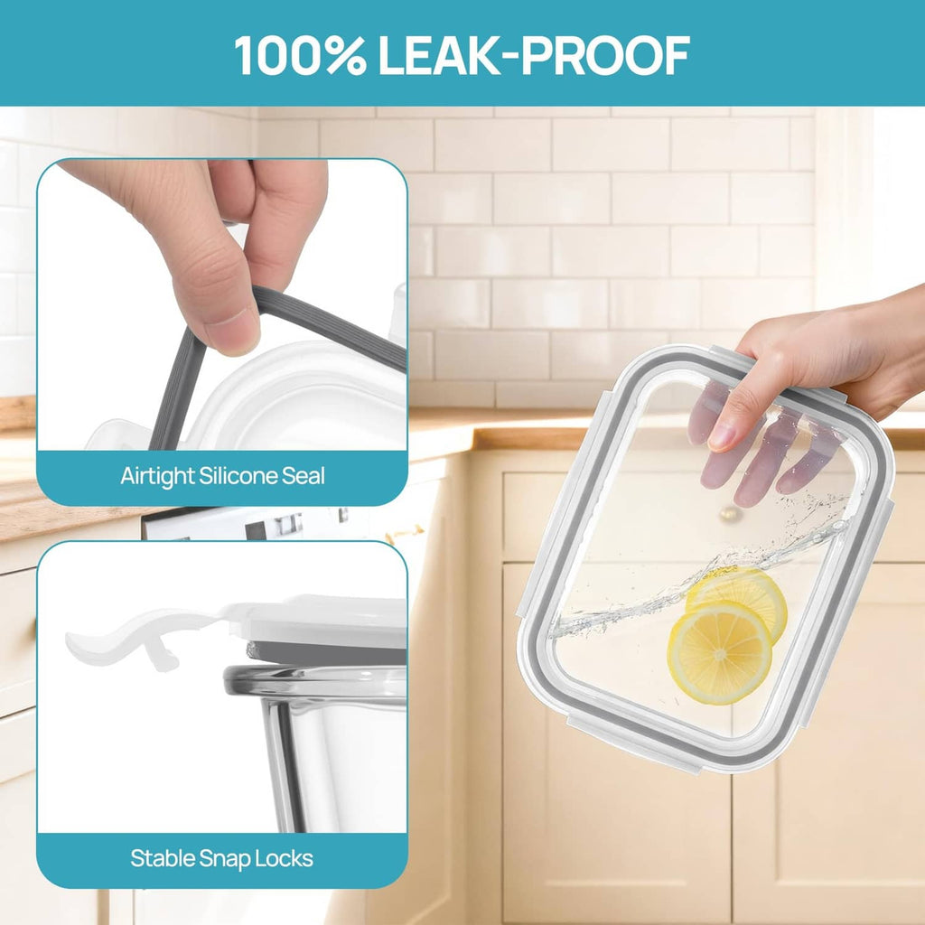 Clear glass storage container with airtight silicone seal and snap-lock lid