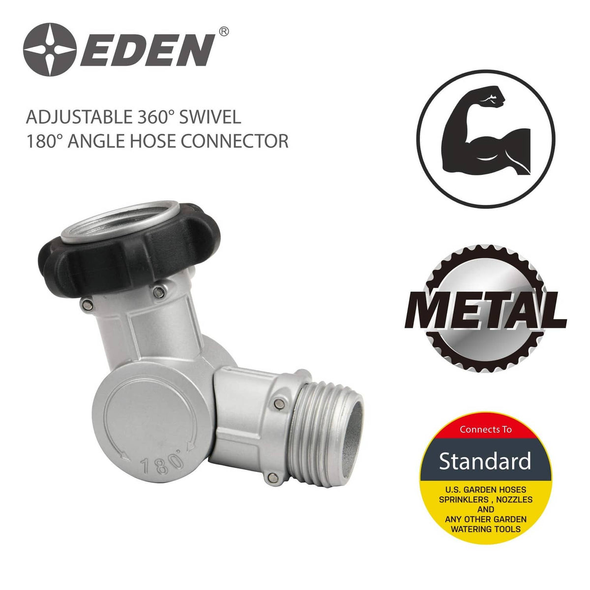 360° adjustable swivel hose connector, silver metal with black grip and threaded outlet