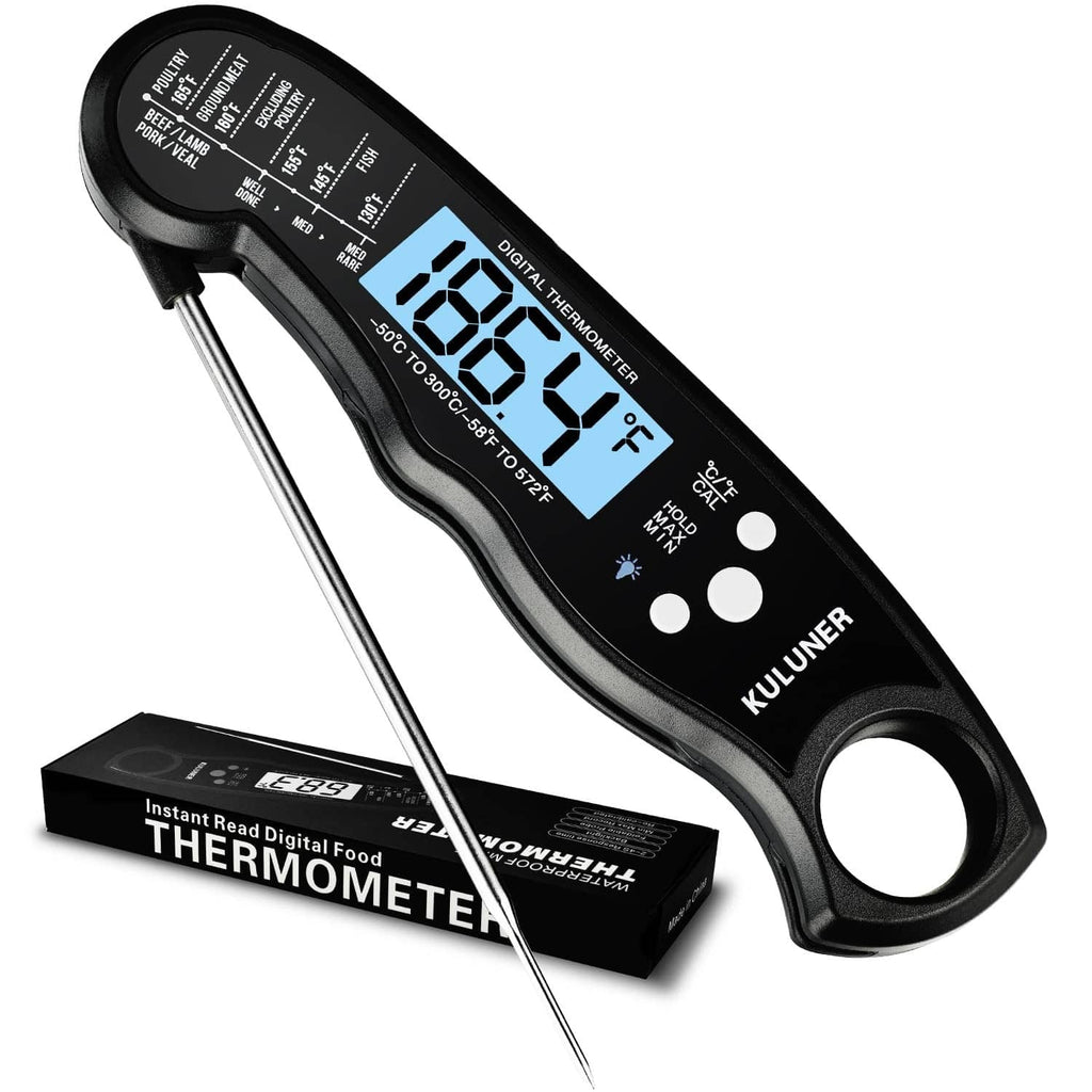Digital meat thermometer with long probe and LCD temperature display, black design.