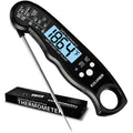 Digital meat thermometer with long probe and LCD temperature display, black design.