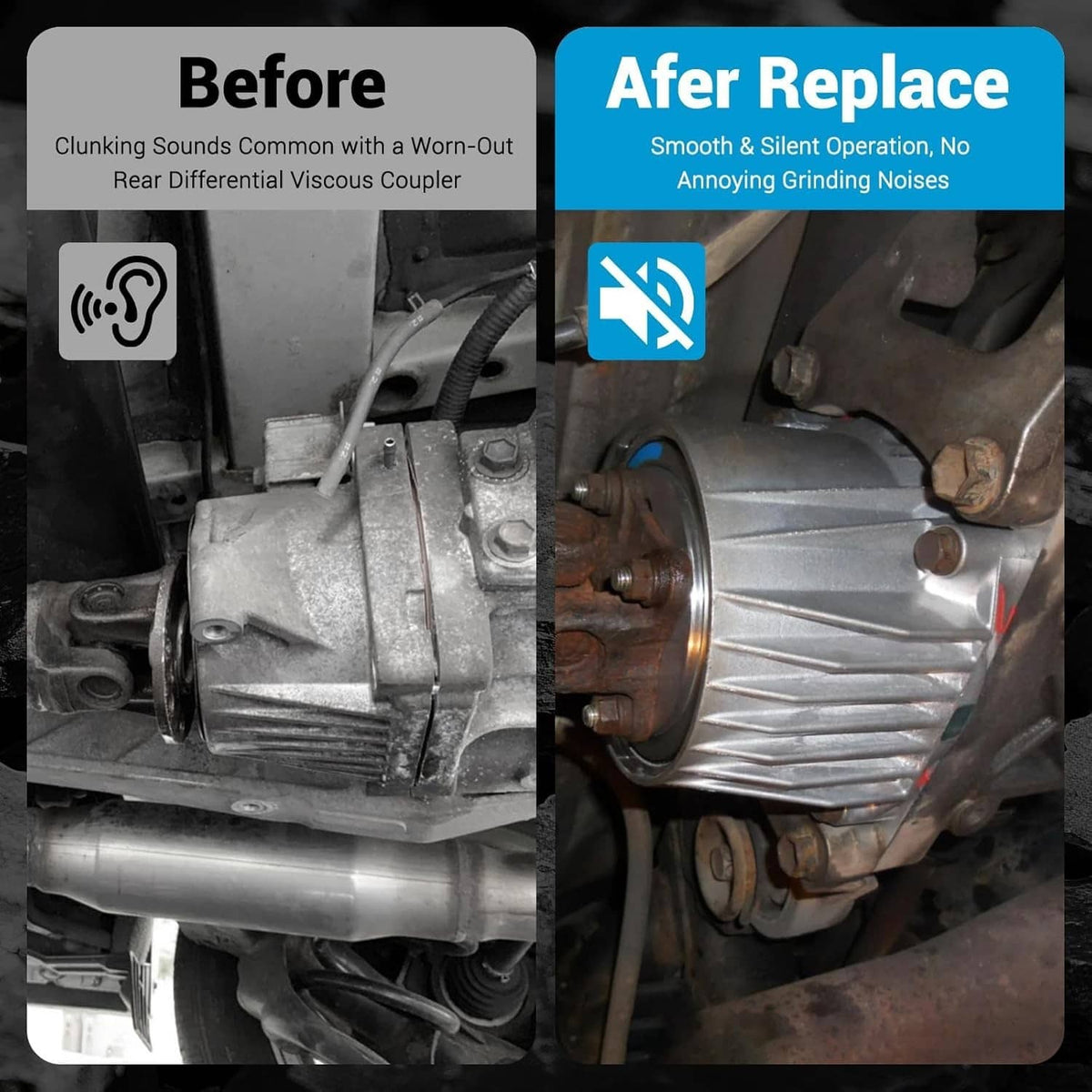 Rear differential viscous coupler before-and-after comparison of metal housing