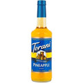 Torani sugar-free pineapple syrup bottle, 750 ml clear glass, blue cap, yellow syrup