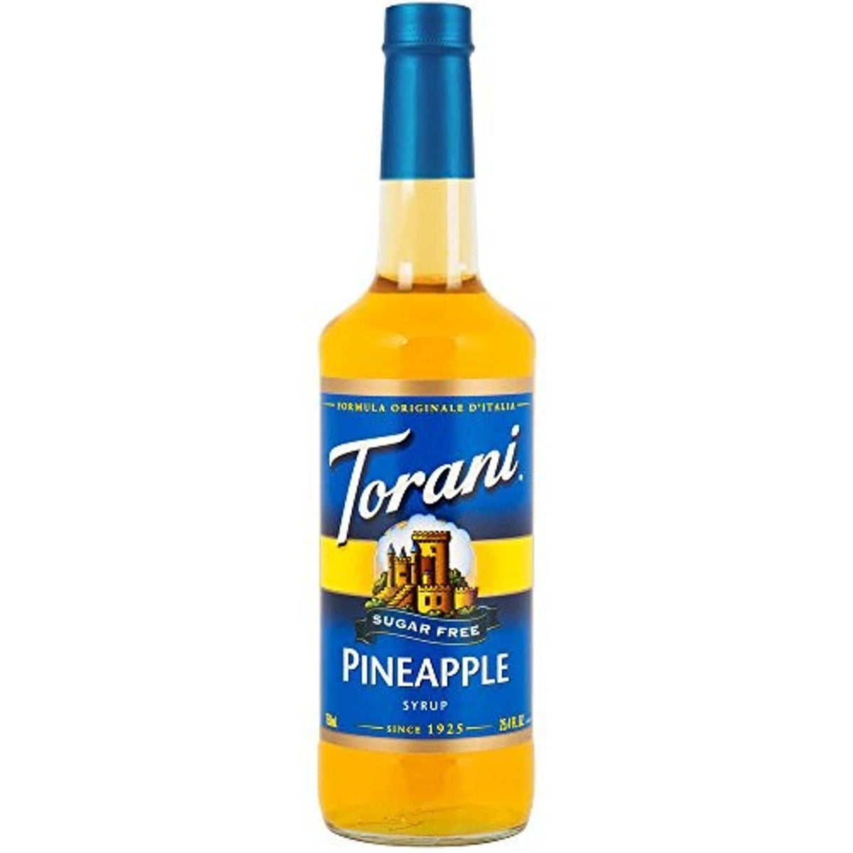 Torani sugar-free pineapple syrup bottle, 750 ml clear glass, blue cap, yellow syrup