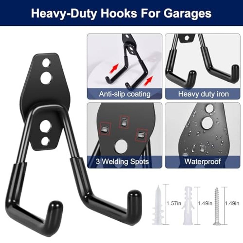Black garage heavy-duty hooks with mounting plates and anti-slip coating details