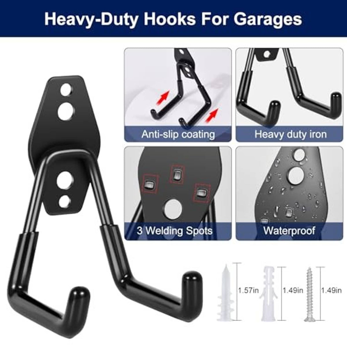 Black garage heavy-duty hooks with mounting plates and anti-slip coating details
