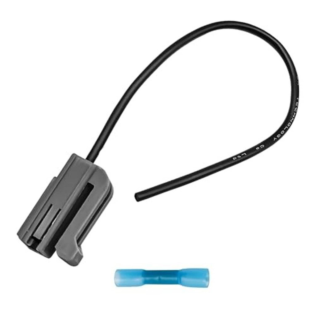 Alternator pigtail wiring harness, gray plug connector with two black wires and blue sleeve