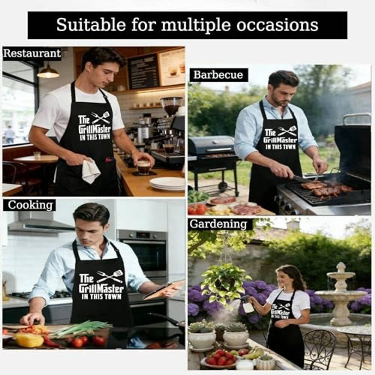 Black grilling apron styled for cooking, barbecue, and gardening with grill-themed logo.