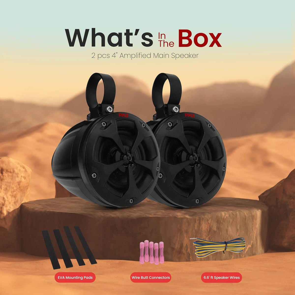 Pair of black off-road speakers with mounting pads, wire connectors, and speaker leads