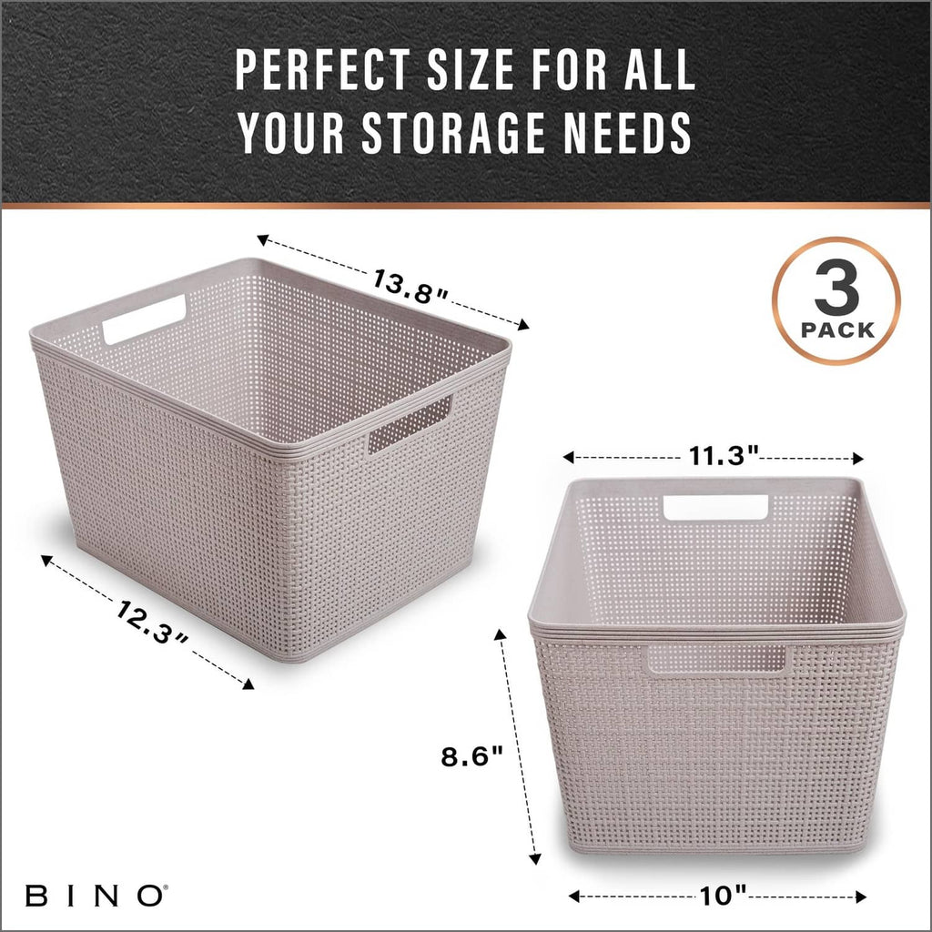 Large woven plastic storage basket, natural grey, open top with side cutout handles