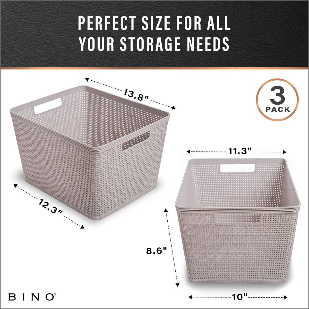 Large woven plastic storage basket, natural grey, open top with side cutout handles