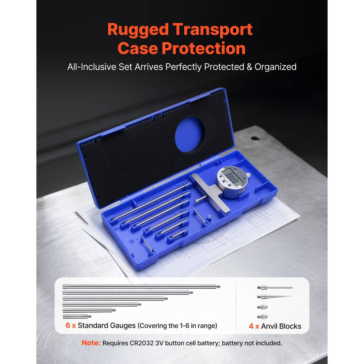 Depth micrometer kit in rugged blue protective case with organized accessories