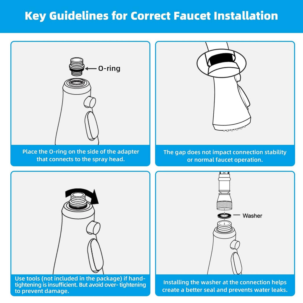 Installation guide for faucet spray head showing adapter O-ring and washer