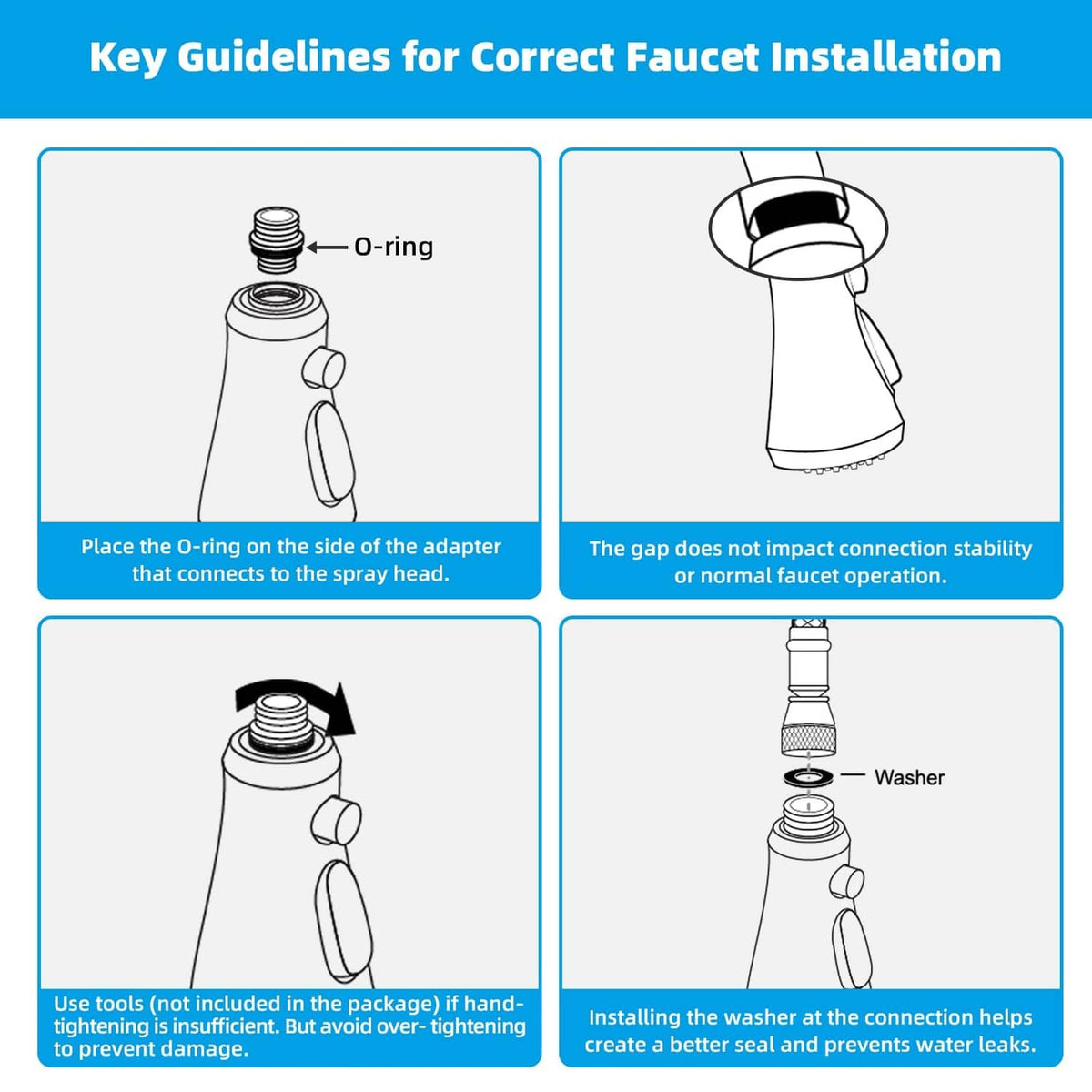 Installation guide for faucet spray head showing adapter O-ring and washer