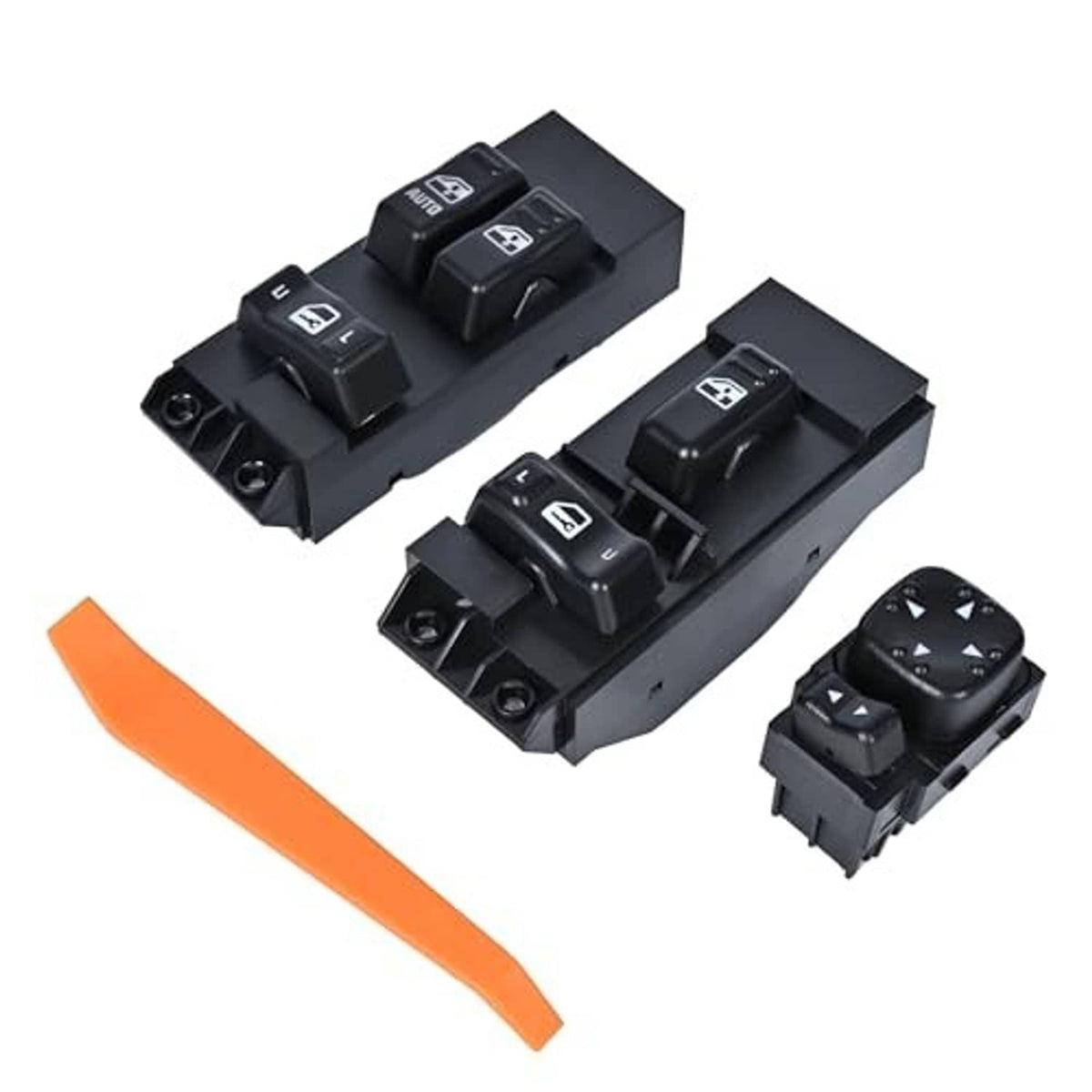 Power window switch panel set with mirror switch, black controls and indicator icons.