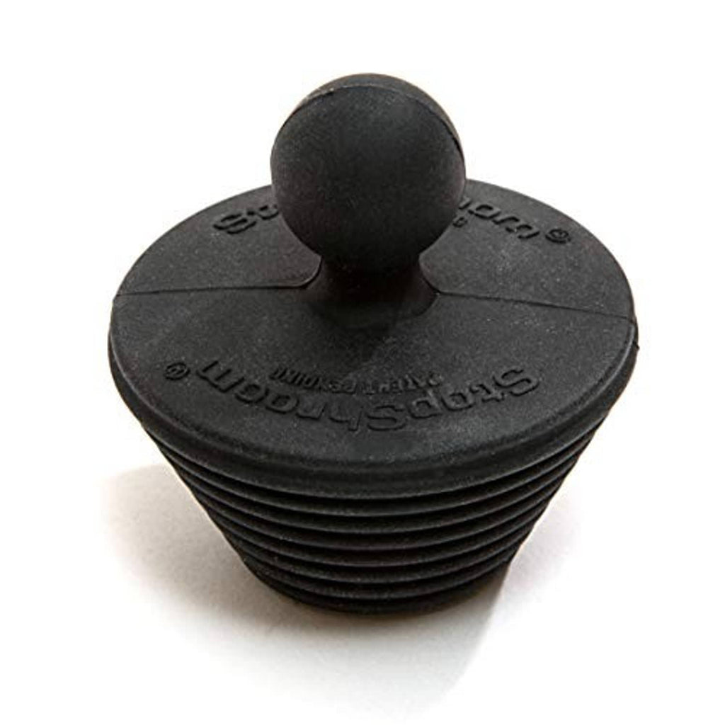 Black universal bathtub stopper plug, angled view of ribbed base, two-pack