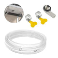 Transparent AC drain hose kit with white connectors and metal fasteners, coiled hose
