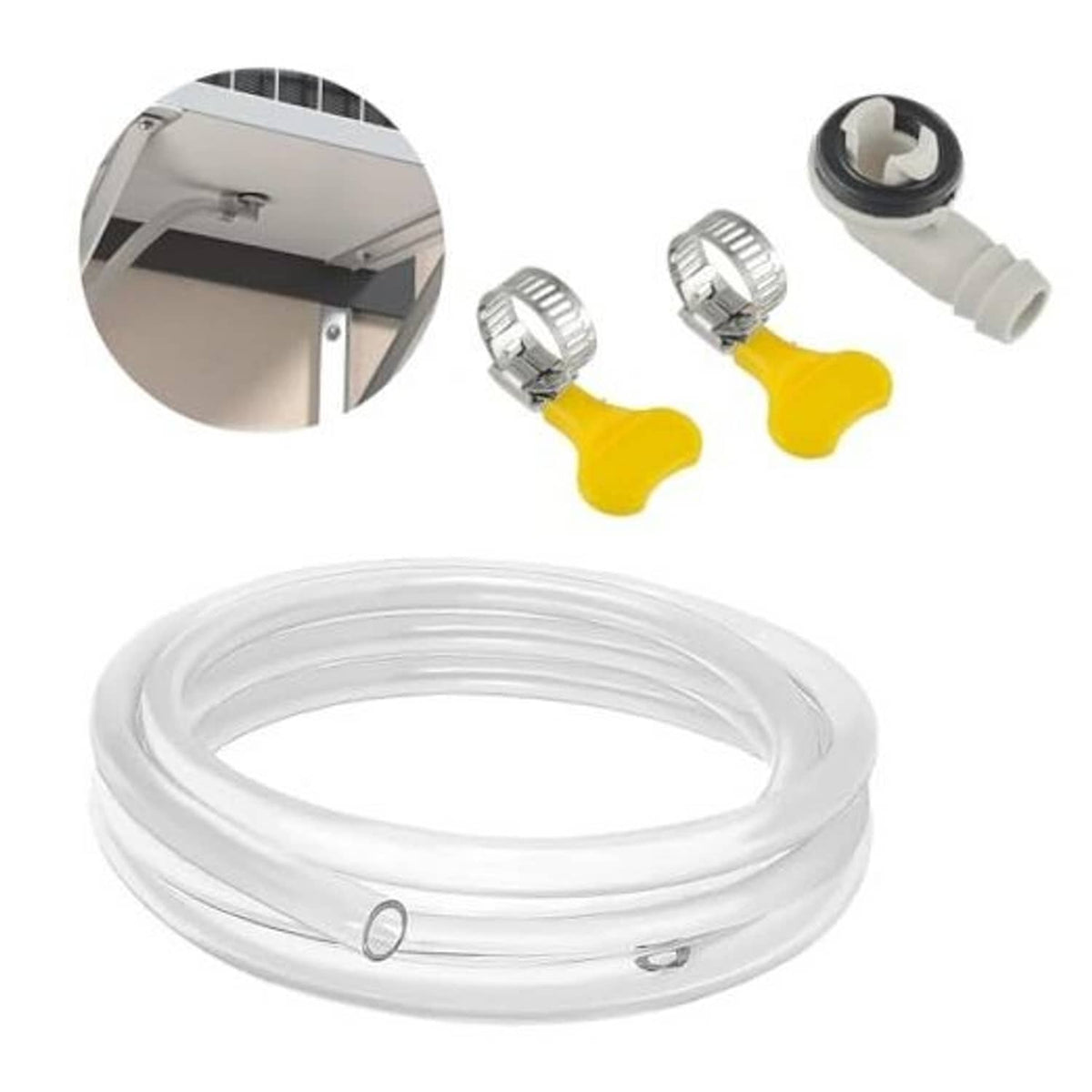 Transparent AC drain hose kit with white connectors and metal fasteners, coiled hose