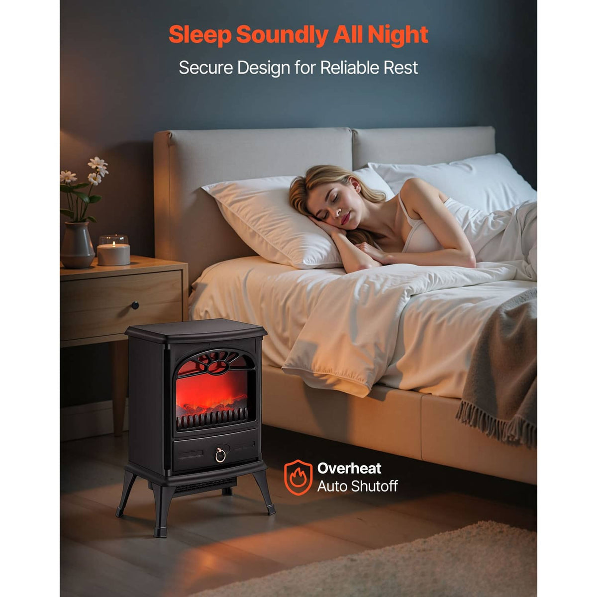 Black freestanding electric fireplace heater next to a bed with glowing flame window