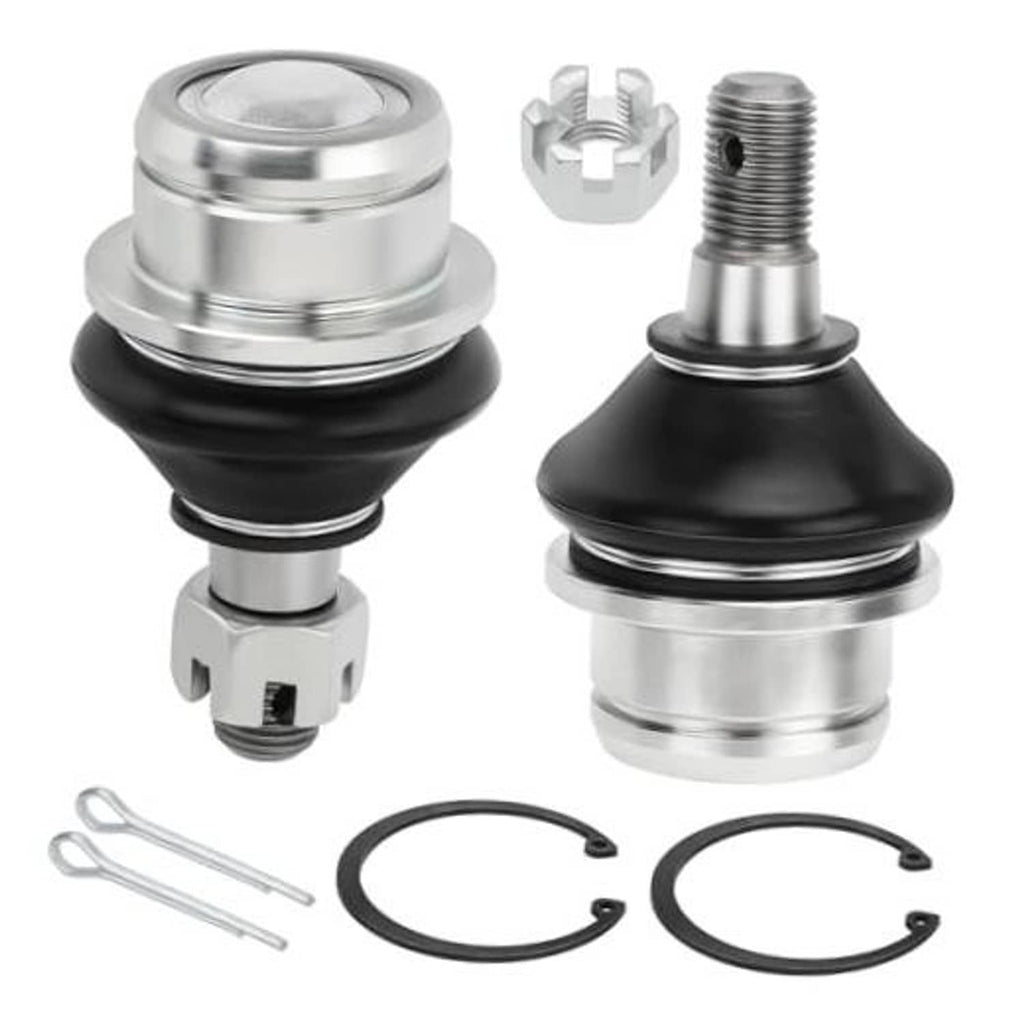 Two-piece ball joint kit with silver housings, black boots, circlips, and split pins