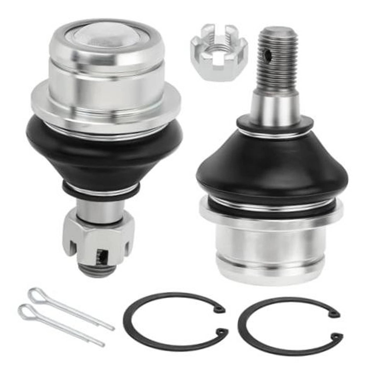 Two-piece ball joint kit with silver housings, black boots, circlips, and split pins