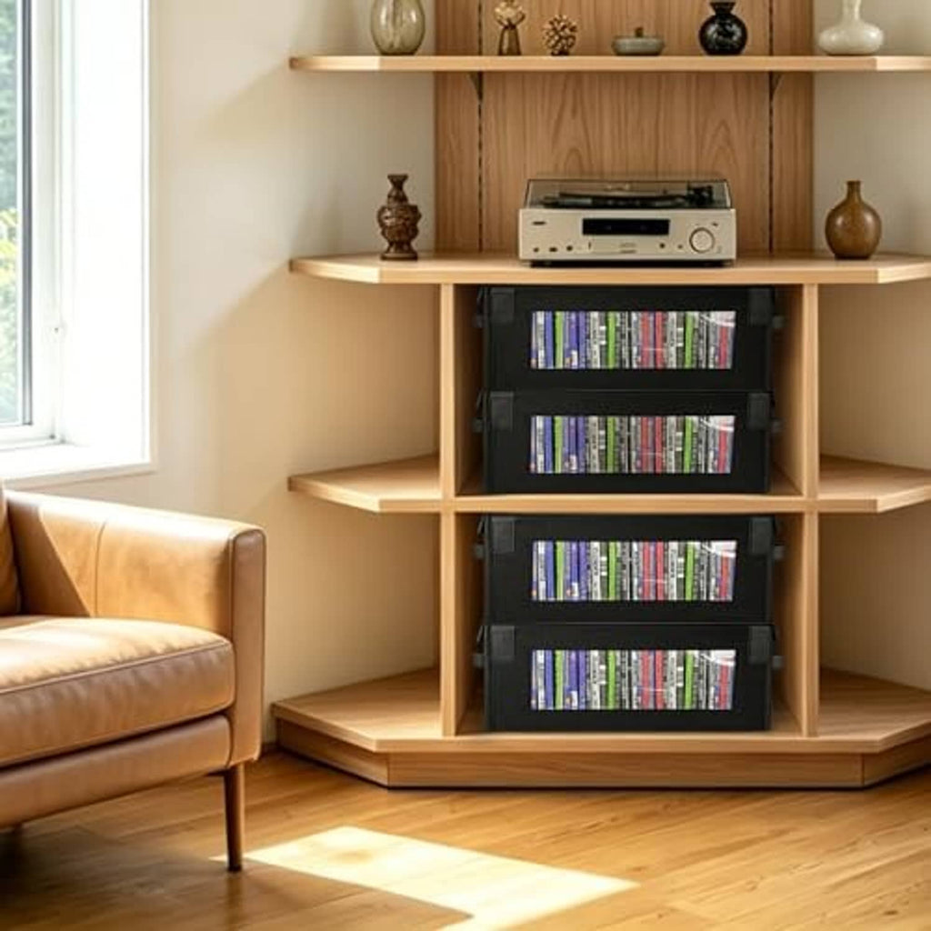 Black CD storage boxes stacked on open shelving, CDs visible through front windows