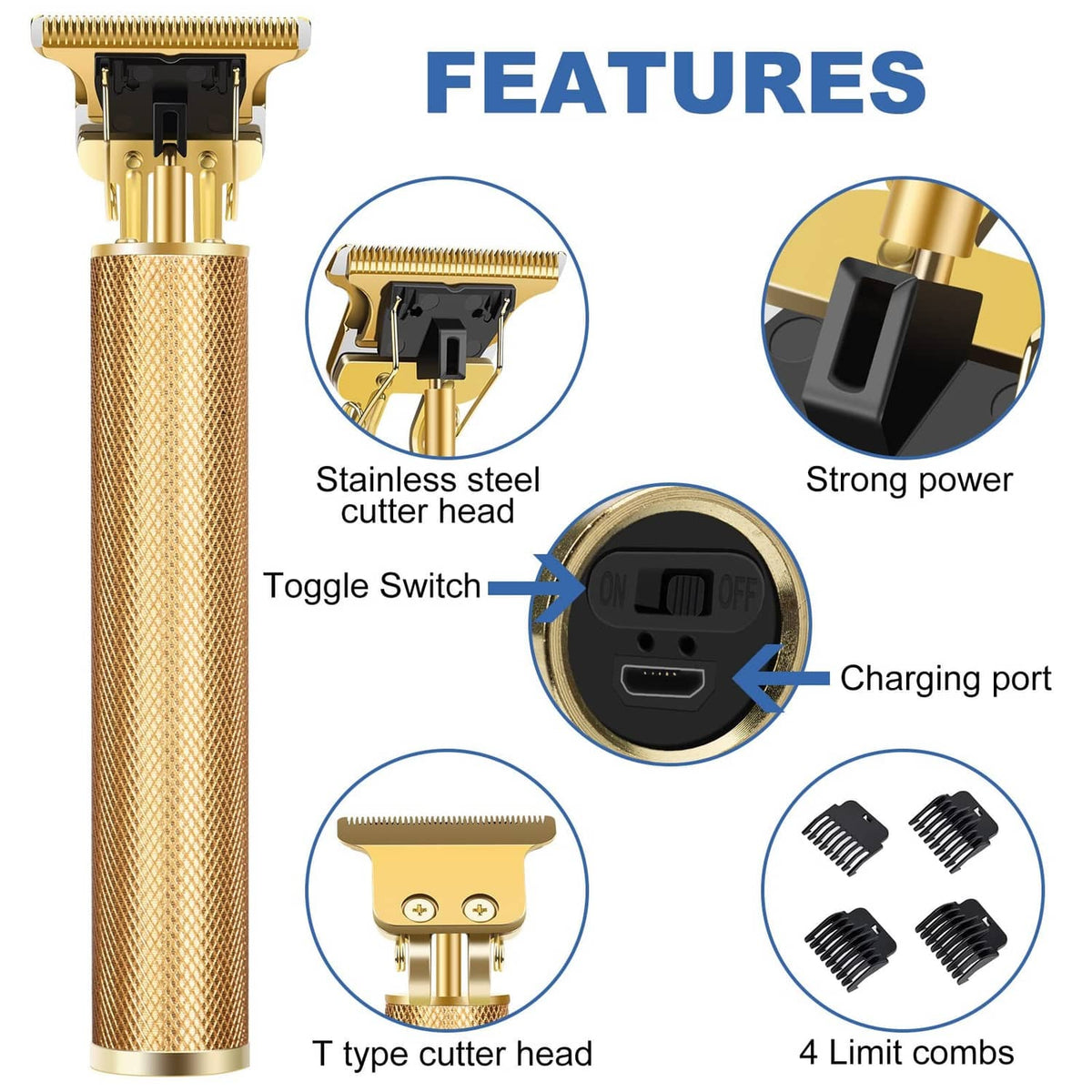Gold cordless beard trimmer with toggle switch, charging port, T-type cutter head.